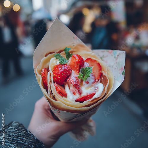 Hand Holding Fresh Strawberry Crepe in Urban Japan

