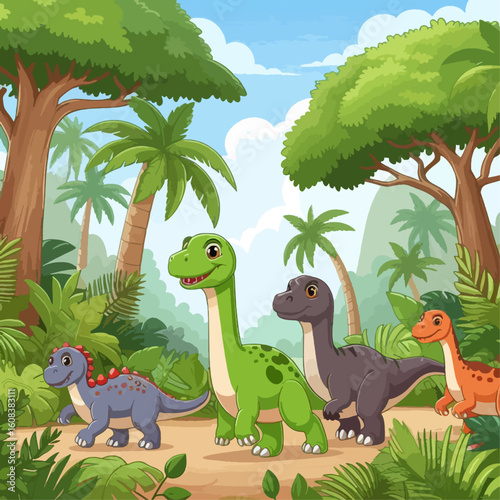 Four cartoon dinosaurs stroll through a vibrant jungle, filled with tropical plants and trees.  A joyful, whimsical scene.