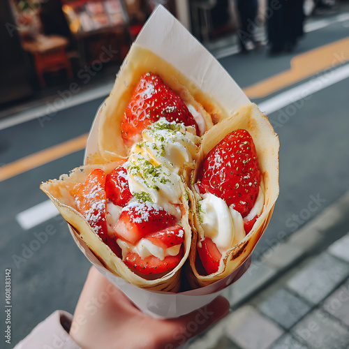 Hand Holding Fresh Strawberry Crepe in Urban Japan