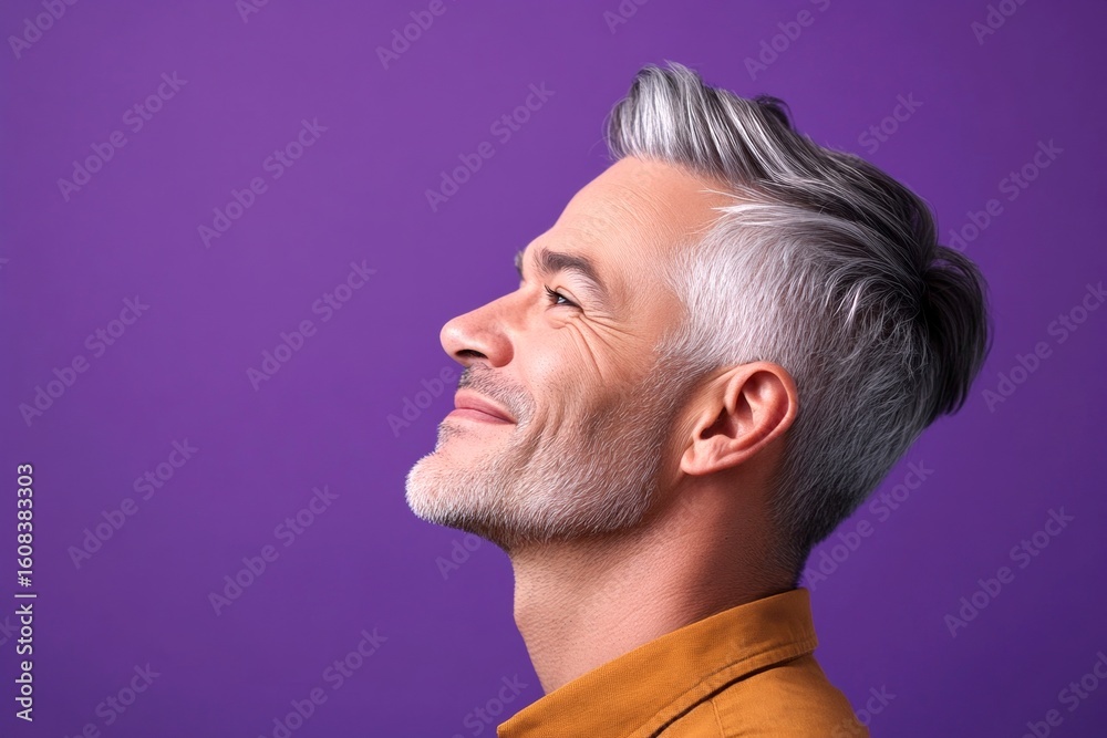 Obraz premium Purple solid background. Concept art creative concept art of style for aging men. A trendy and poised male showing charm. Modish men's mullet haircut - midlife arabian man with short hair.
