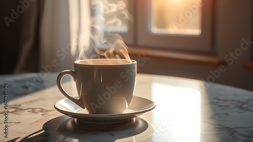 Steaming coffee cup on a marble table, morning sunlight highlighting the rising vapor and warmth.