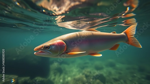 Underwater view of a trout in a clear river, sunlight filtering through the water creating a serene scene.