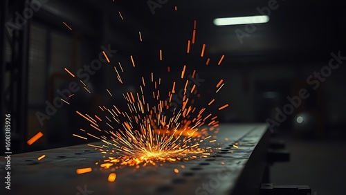 Dramatic industrial scene with fiery orange sparks rising against a dark workshop backdrop, intense lighting from above.