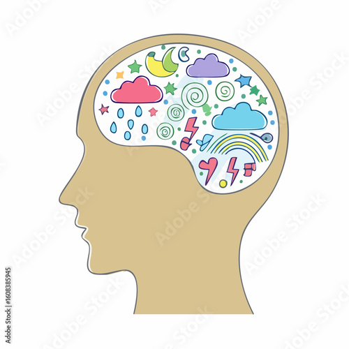 A conceptual illustration of a human head in profile, filled with colorful doodles representing thoughts, emotions, and a complex mental state.