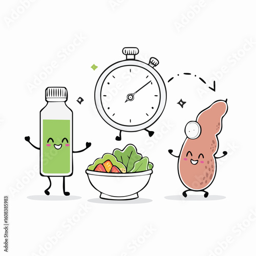 Cute cartoon characters of a stopwatch, juice, salad, and skin follicle illustrate a healthy diet for better skin.