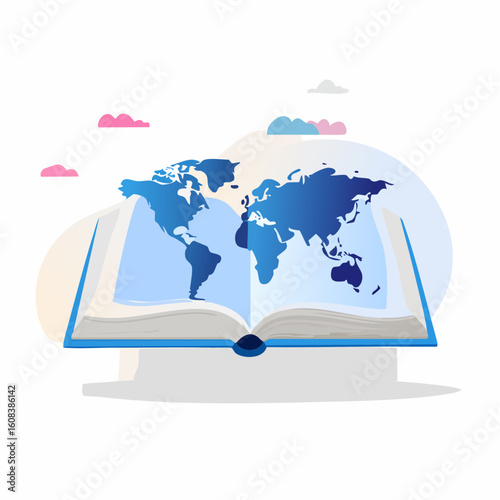 An open book displaying a vibrant blue world map with stylized clouds floating above, symbolizing global knowledge and exploration.