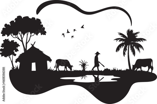 Silhouette of a rural village scene with a farmer cows and a hut under a curved sky