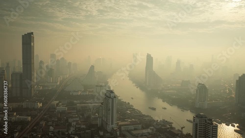 Bangkok city skyline obscured by thick PM2.5 air pollution smog, highlighting a severe environmental and health risk.