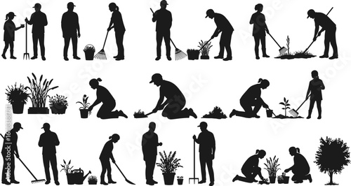 Silhouette of gardeners working, watering plants, raking soil, outdoor horticulture, gardening teamwork, plant care, garden tools, spring season, creative concept