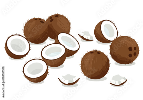 An assortment of whole  halved coconuts are scattered some chipped against a white background