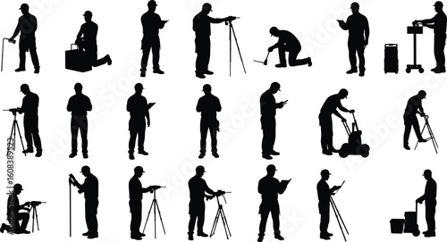 Silhouettes of surveyors and technicians using equipment, working outdoors, professional tools, measuring instruments, tripod setup, industry fieldwork, occupation concep