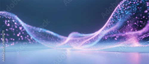 Dynamic Flowing Light Particles Creating Wavelike Abstract Patterns on a Reflective Surface, Digital Illustration Representing Data Stream and Energy