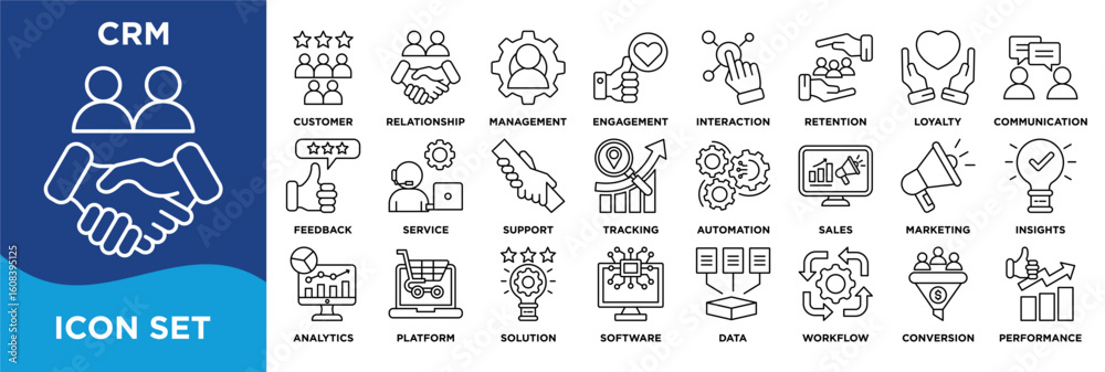 Fototapeta premium CRM icon collection set. Containing customer,relationship,management,engagement,interaction,retention,loyalty,communication,feedback,service icon. Simple line vector. 