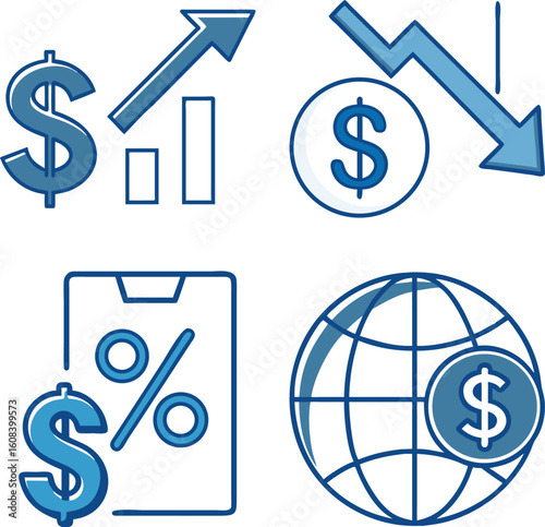 Financial icons representing growth decline and global investment with blue and white colors.
