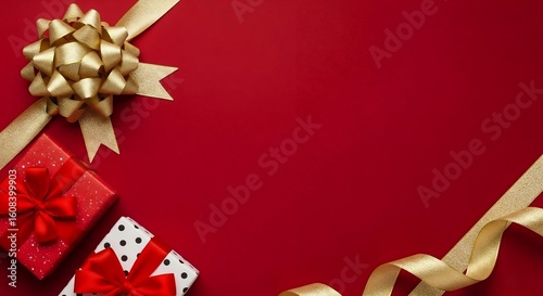 Luxury Red Festive Background with Elegant Gold Ribbons and Gift Boxes