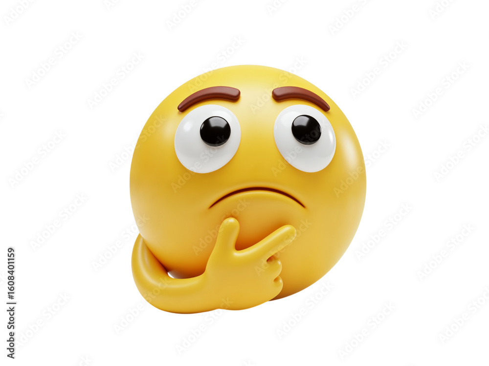 Fototapeta premium A thoughtful yellow emoji with a furrowed brow and hand on chin contemplating a difficult question isolated on transparent background