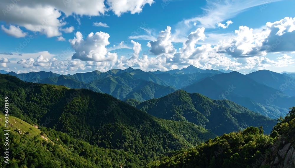 Fototapeta premium Mountain landscape, lush greenery, blue sky