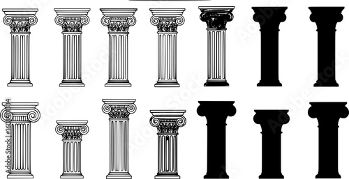 set of Greek Columns Clipart - Outline, Silhouette & Color
