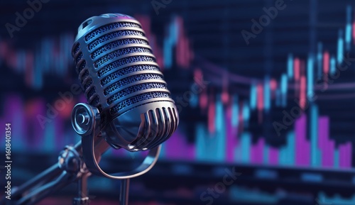 Vintage microphone against financial chart background