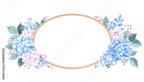 Watercolor illustration of an oval frame surrounded by blue and pink hydrangeas with green leaves and small red berries isolated on transparent background.