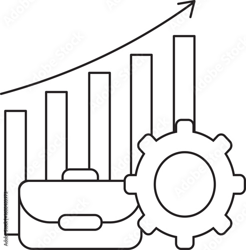 Business Growth and Strategy Depicted by an Upward Trending Bar Graph, Briefcase, and Gear Icon