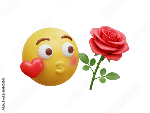 Whimsical 3d emoji character with a red heart on its cheek and a vibrant red rose isolated on transparent background