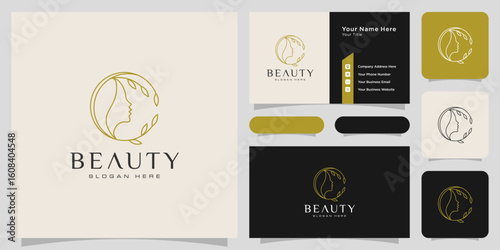 Beauty woman hairstyle logo design with business card for nature people salon elements