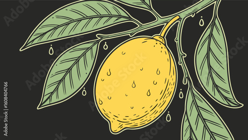 Illustration of a lemon hanging from a branch with leaves and water droplets on a dark background