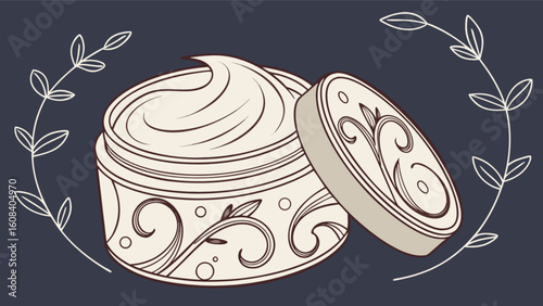 Illustration of an open cream jar with floral decorations and a leafy branch on a dark background