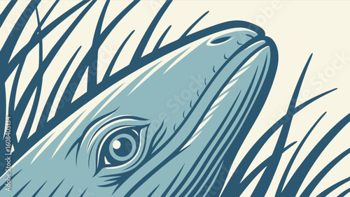 Illustration of a blue iguana head looking up through tall grass in a stylized design format