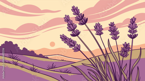 Lavender field at sunset with purple flowers and rolling hills under a pastel colored sky scene art