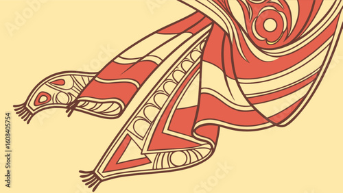 Illustration of a red and cream colored patterned carpet with tassels on a light yellow background