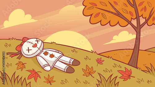 Cartoon voodoo doll lying on a grassy hill surrounded by autumn leaves at sunset with a tree nearby