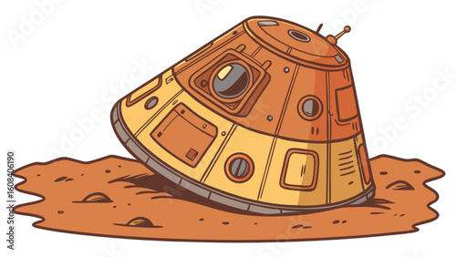 Illustration of a landed space capsule on a reddish brown surface with various design elements present