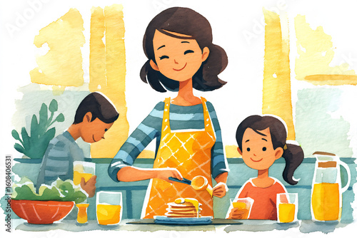 watercolor family breakfast with mother serving pancakes and smiling