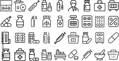 Pharmacy icons set, pharmacy doctor, ambulance,  nurse, pills, and more  vector illustration