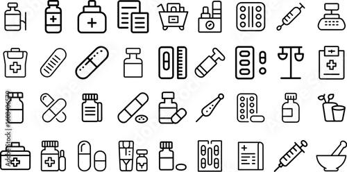Pharmacy line icons set, medicine, healthcare, treatment, clinic, pharmacy doctor, ambulance,  nurse, pills, and more  vector illustration