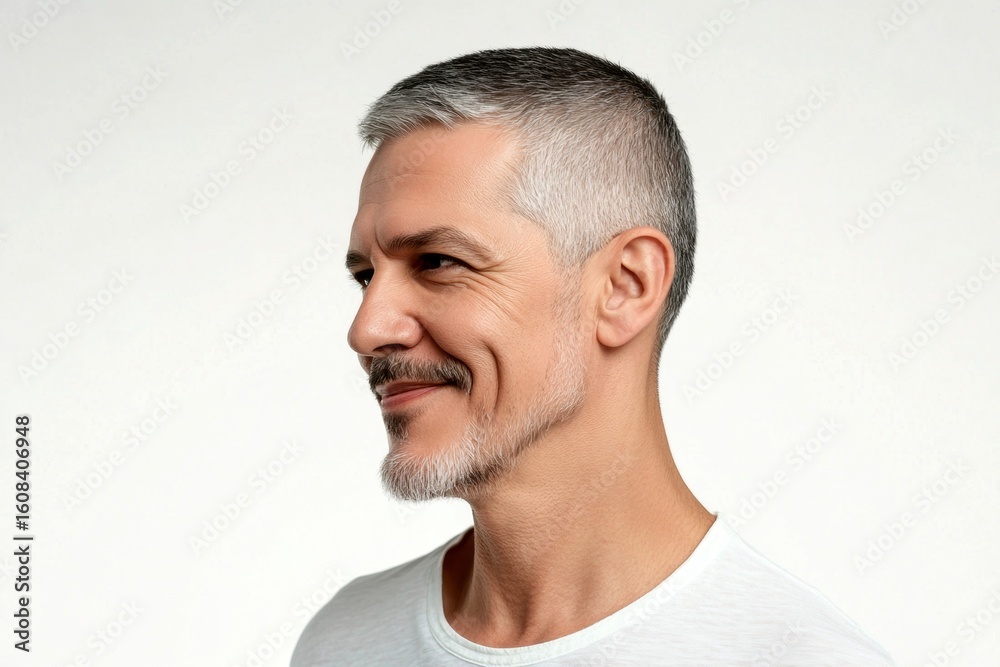 Obraz premium Pattern of style for aging men. Fashionable men's low fade haircut - midlife middle eastern man with short hair. Pure white solid background. A refined and stylish man with a natural look.