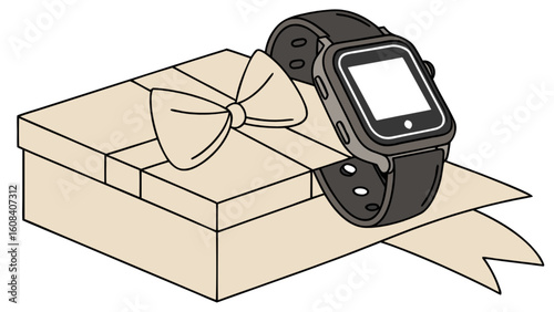 Illustration of a smart watch on a gift box with a bow and ribbon wrapping the present nicely here