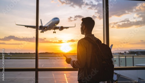 Young traveler watching airplane take off at sunset in airport