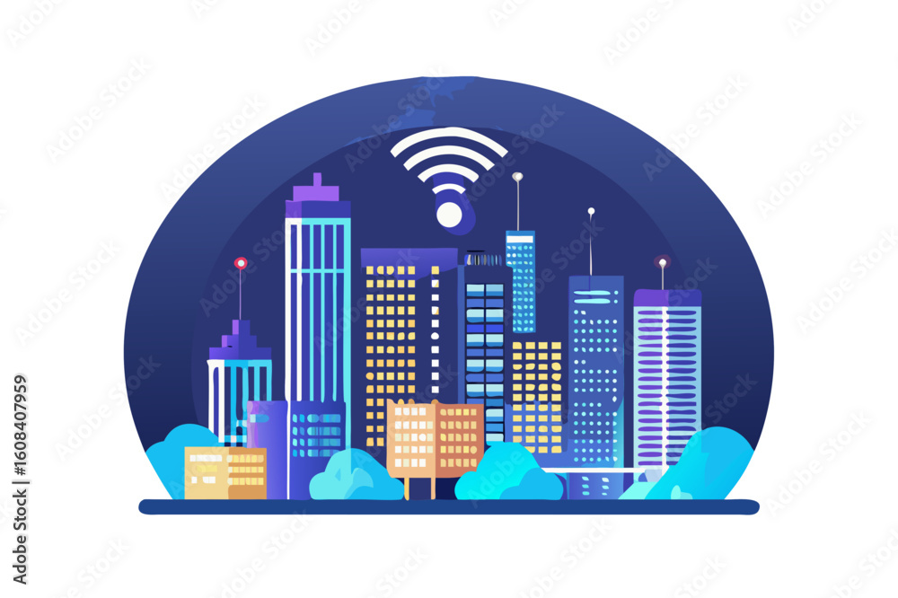 Obraz premium Modern city with wireless network connection and city scape concept.Wireless network and Connection technology concept with city background at night.