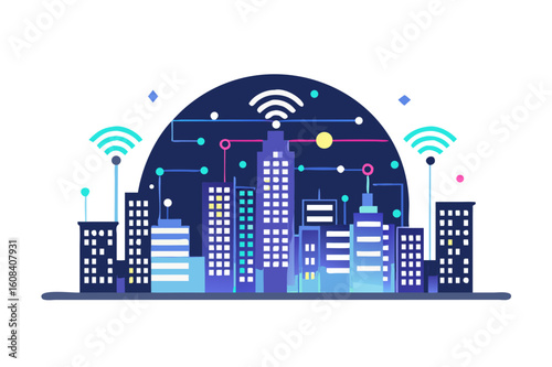 Modern city with wireless network connection and city scape concept.Wireless network and Connection technology concept with city background at night.