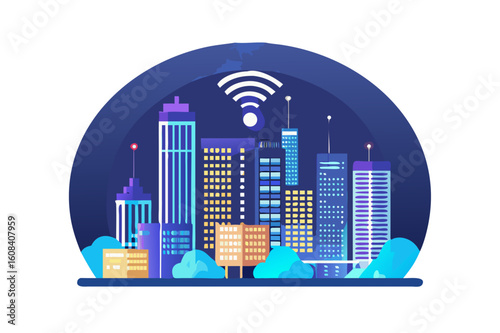 Modern city with wireless network connection and city scape concept.Wireless network and Connection technology concept with city background at night.