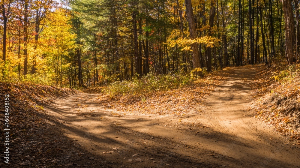 Fototapeta premium A winding dirt path through an autumn forest, lined with golden leaves under soft sunlight. 