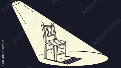 Illustration of a wooden chair centered in a spotlight against a dark background in a simple style