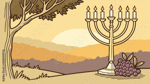 Illustration of a menorah with lit candles grapes tree and a sunset in the background landscape view