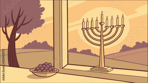 Illustration of a menorah with lit candles on a windowsill next to a bowl of fruit and a tree outside