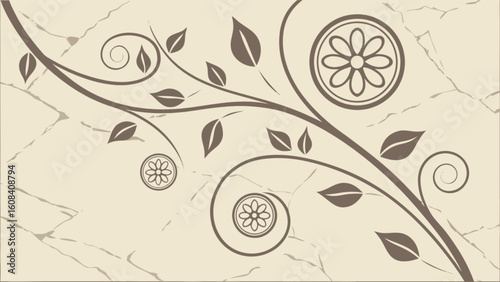 Floral vine with leaves and circular flower designs on a textured beige background is presented here