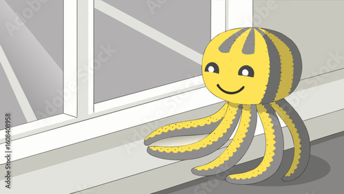Cartoon octopus with yellow and gray stripes sitting on a windowsill looking out the window smiling