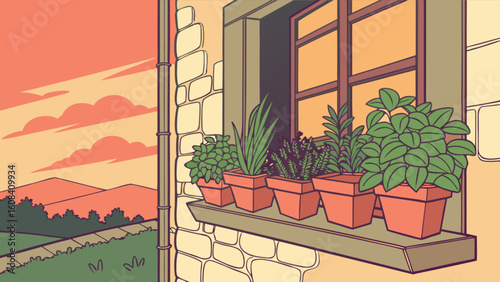 Window box with potted plants on a brick building overlooking a landscape at sunset illustration